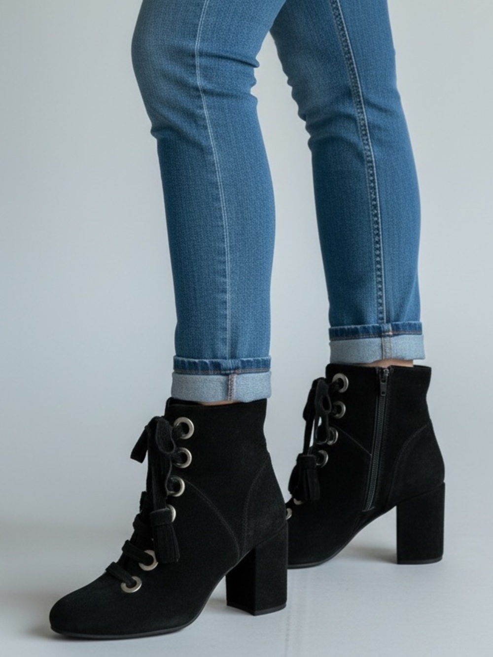 Black Suede Lace-Up Ankle Boots with tassels and silver grommets 38